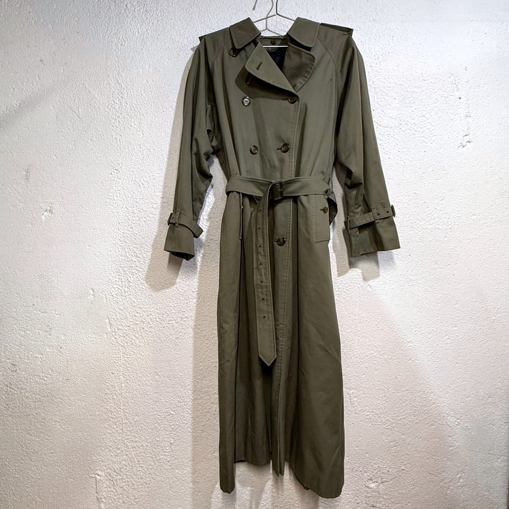 Vintage Burberrys Trench Coat Womens 10 XX-Long Green Double Breasted Belted 90s